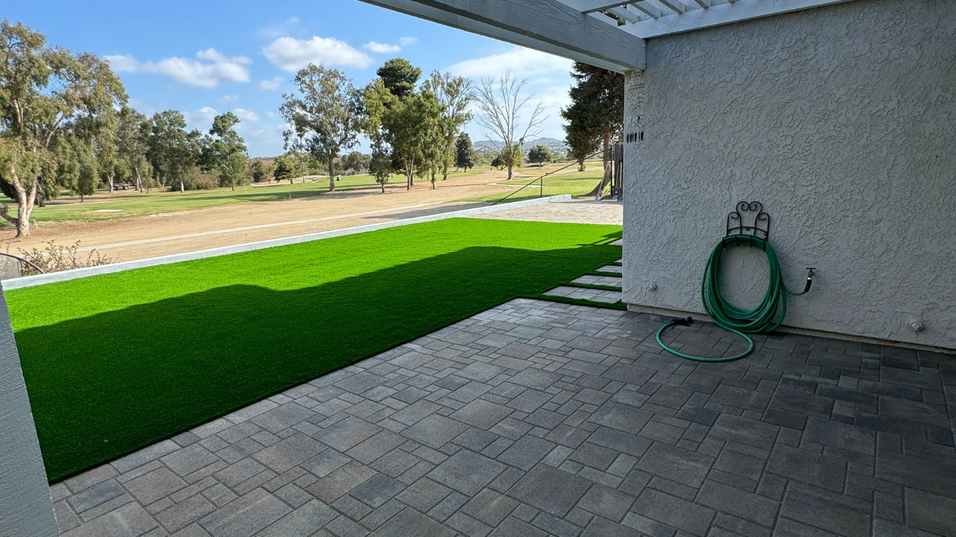 pavers, artificial turf and concrete landscape project in oceanside, outdoor contractor backyard renovation