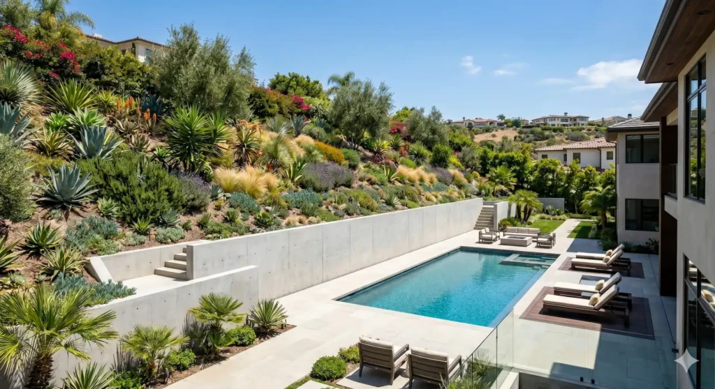 Retaining wall protecting pool and yard in Rancho Bernardo