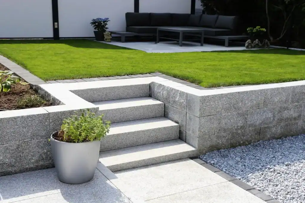 front yard stairs and hardscaping