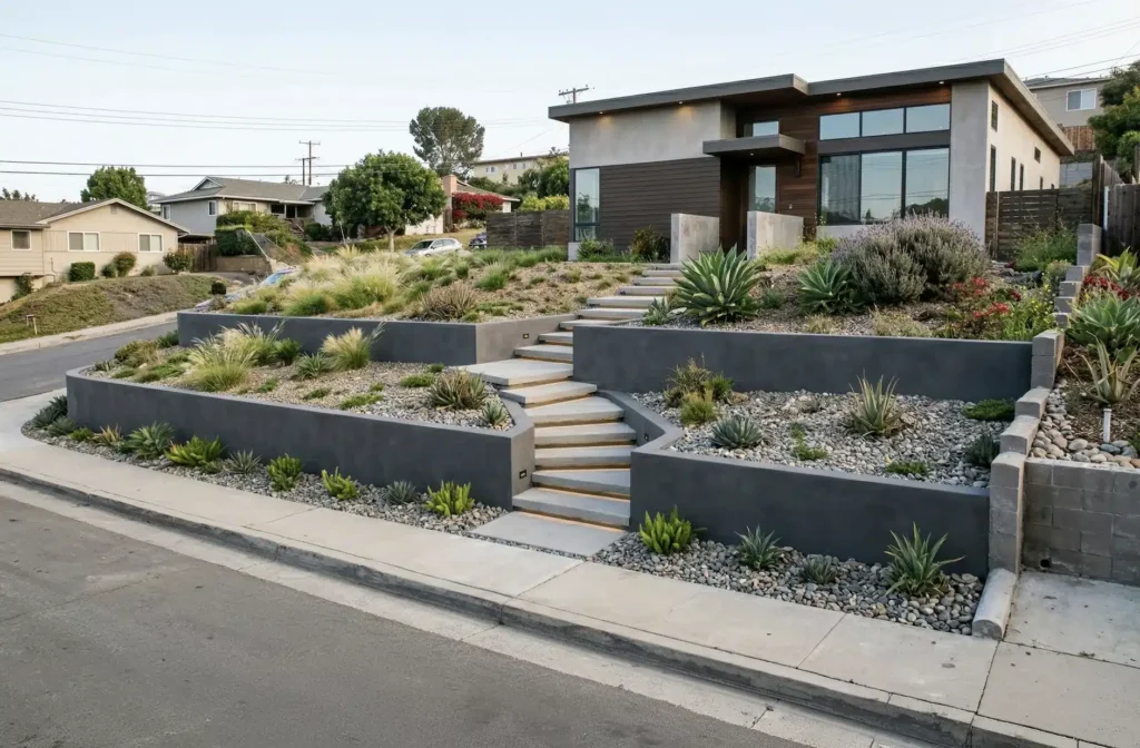 Front yard remodel with retaining wall in North Park